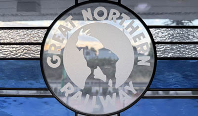 Stain Glass Great Northern Logo, Rocky the goat
